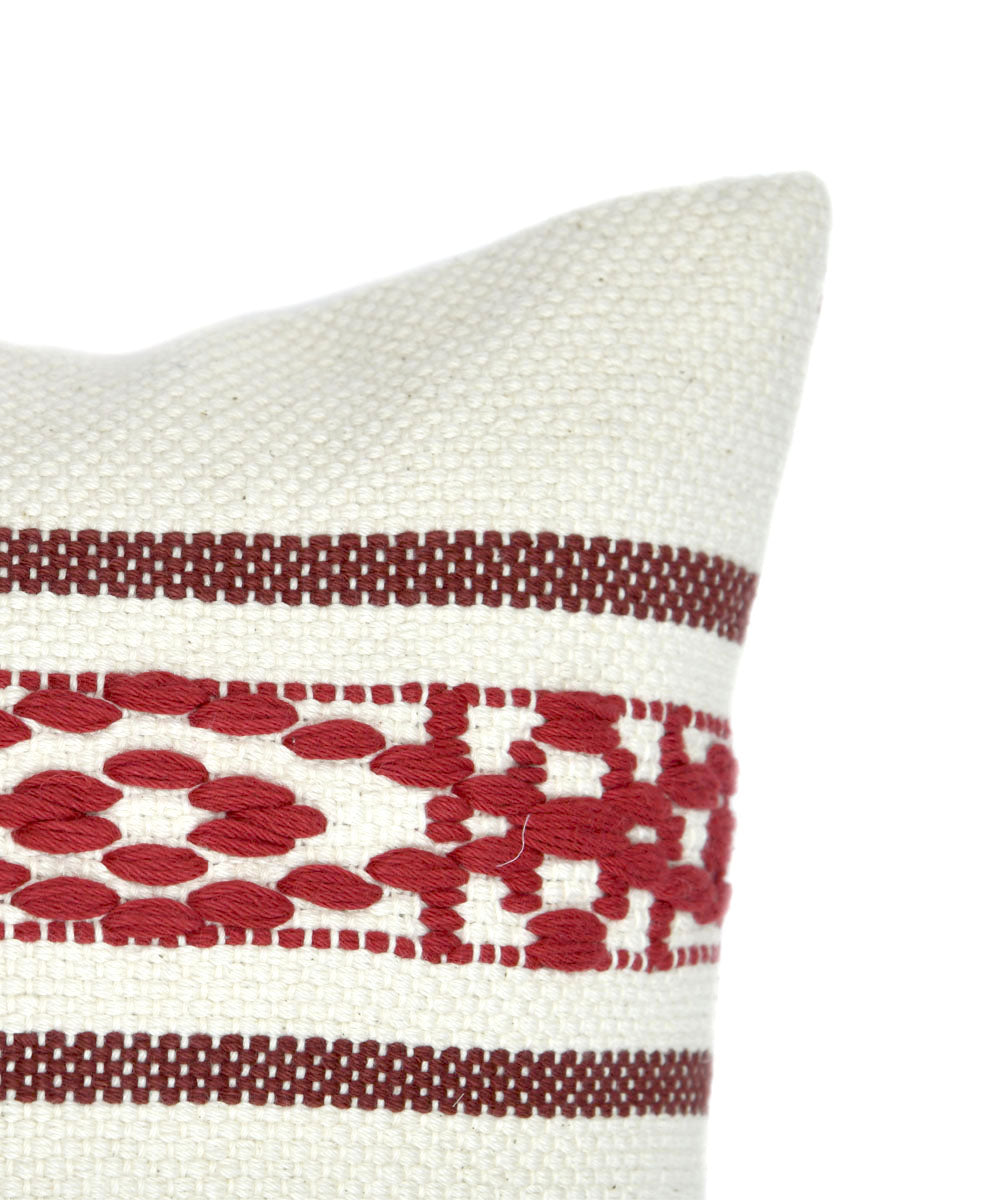 White maroon handwoven cotton cushion cover