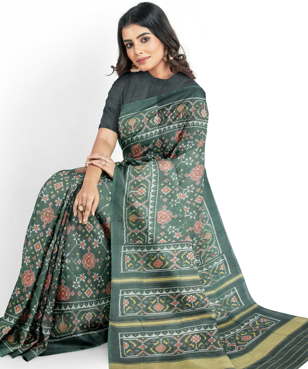 Dark green hand loom cotton patola saree