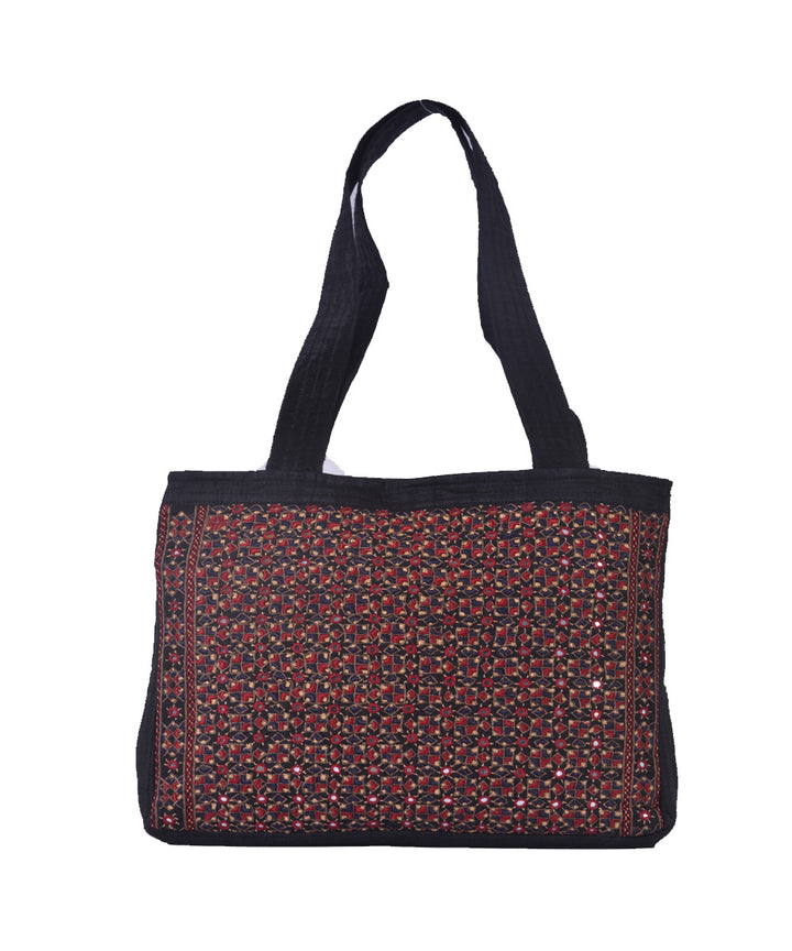 Black red hand embroidery silk tote bag