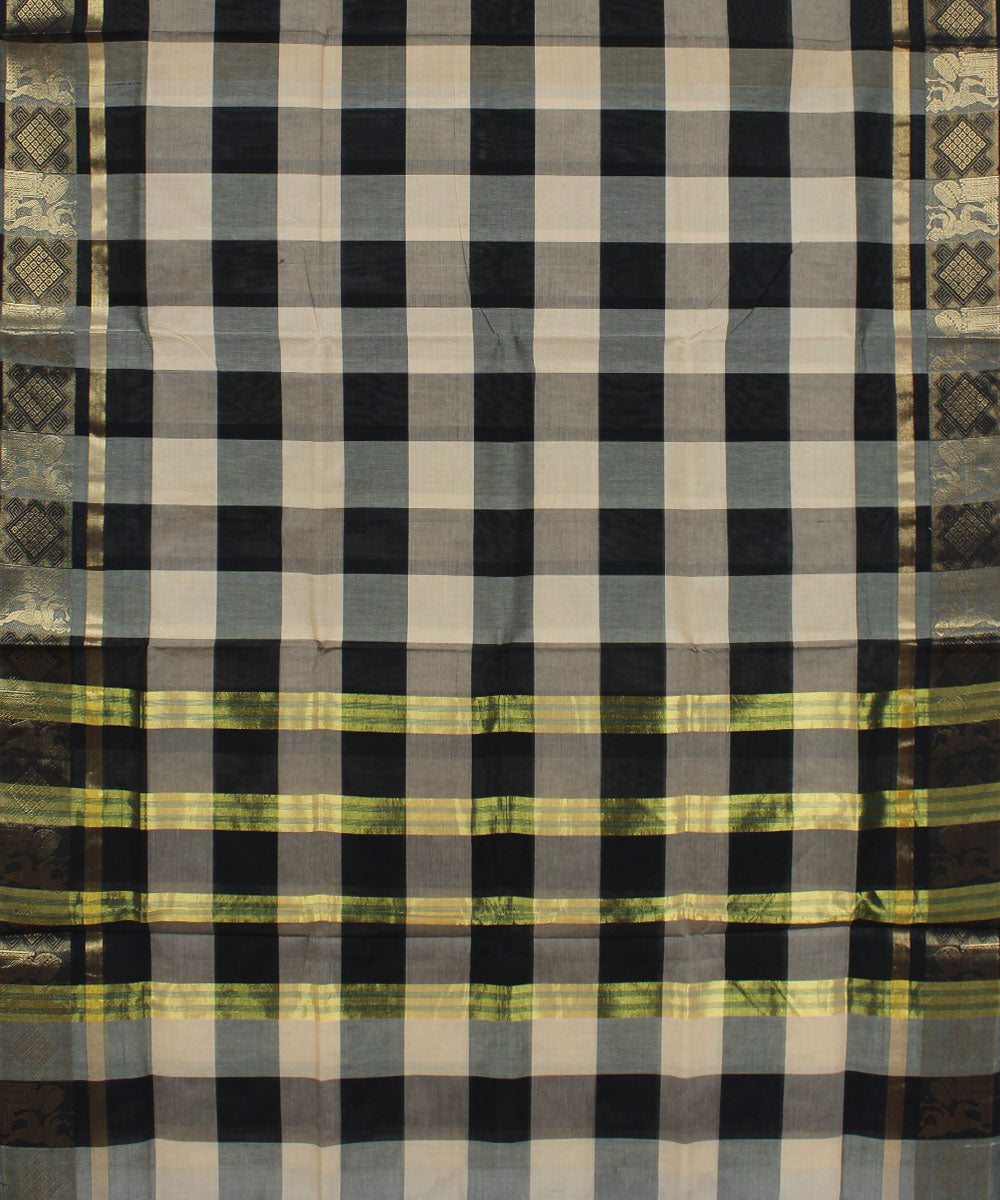 White and black checks cotton handloom chettinadu saree