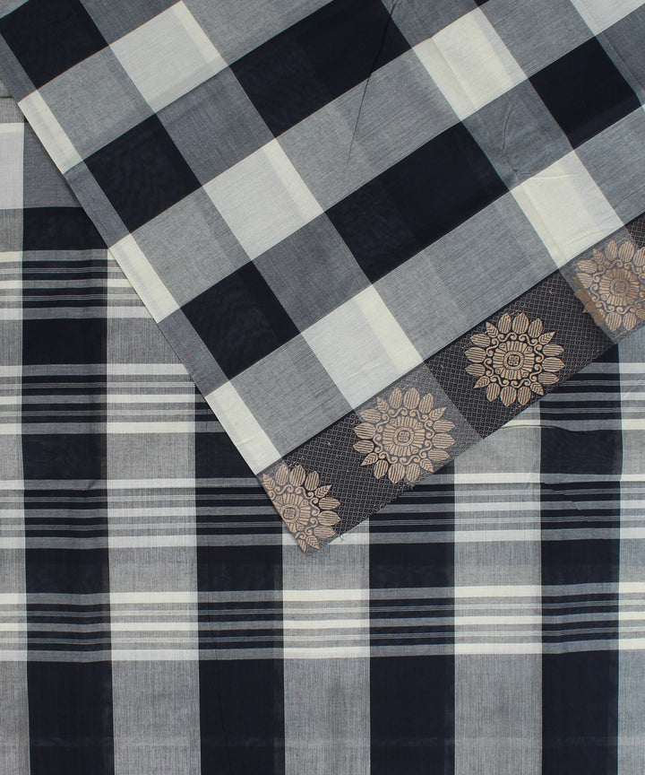 White and black checks handloom cotton chettinadu saree