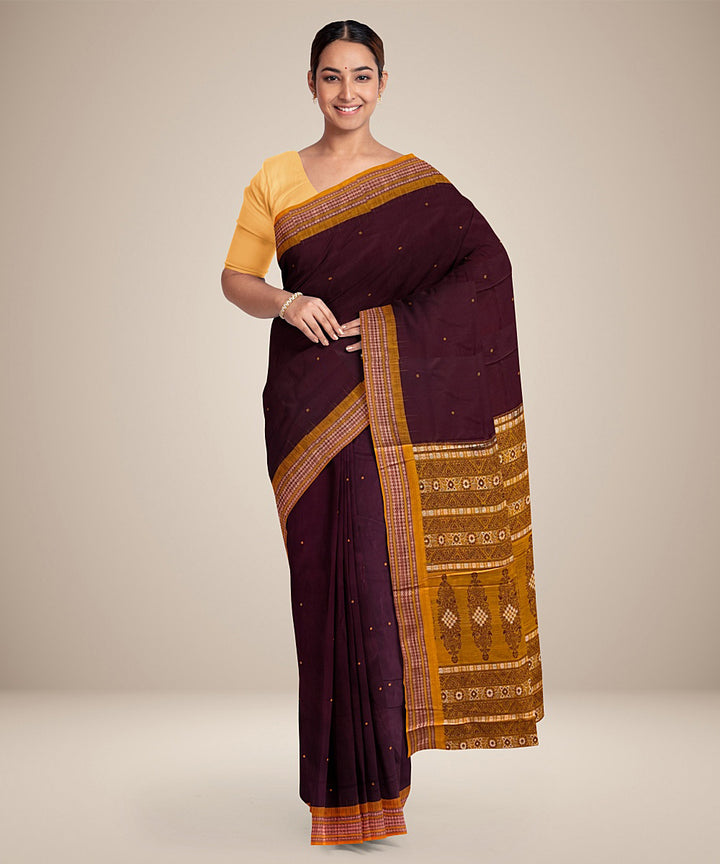 Maroon yellow cotton handwoven bomkai saree