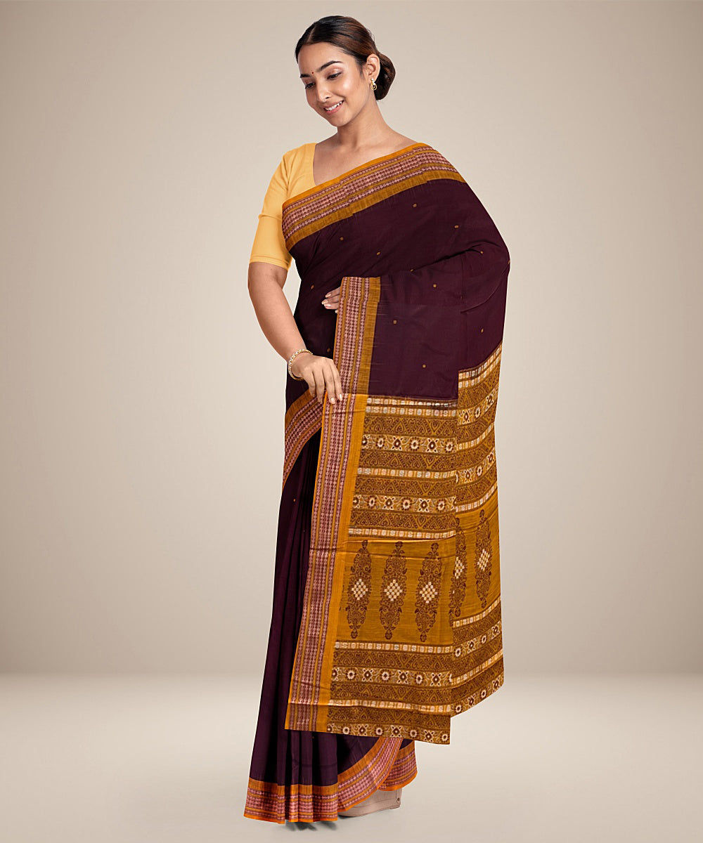 Maroon yellow cotton handwoven bomkai saree