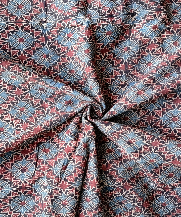 2.5m Red blue ajrakh print handspun handwoven cotton kurta fabric