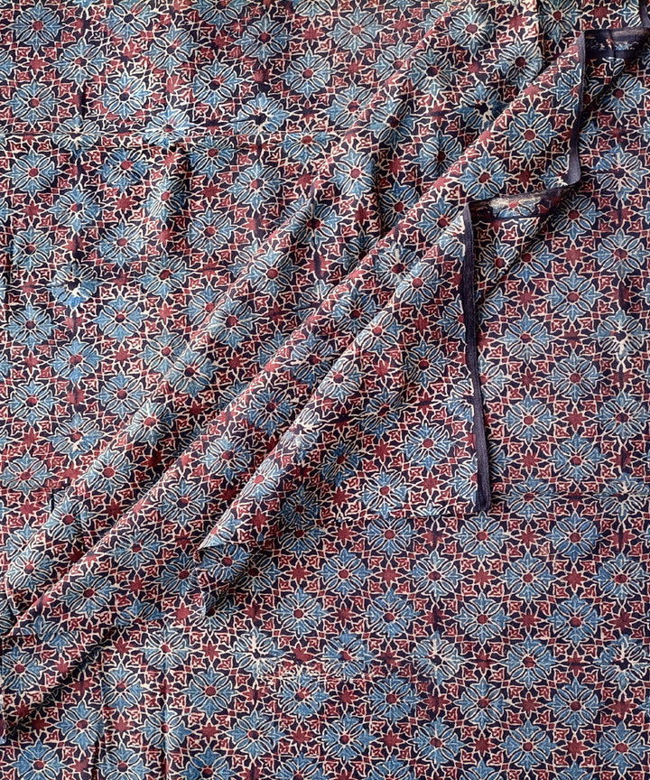 2.5m Red blue ajrakh print handspun handwoven cotton kurta fabric