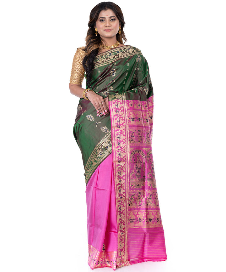 Dark green pink handwoven baluchari silk saree