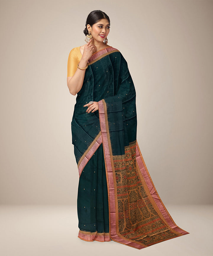 Dark green yellow cotton handwoven bomkai saree