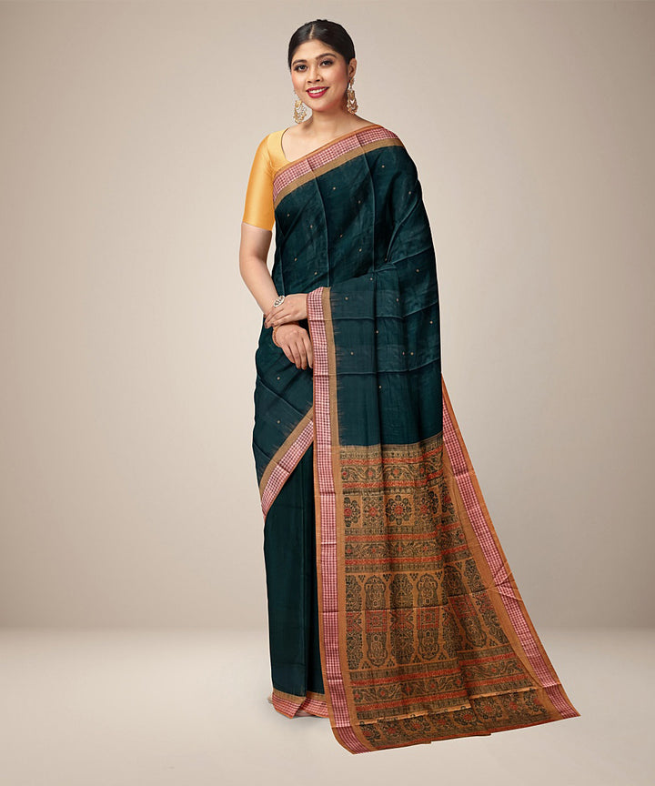 Dark green yellow cotton handwoven bomkai saree