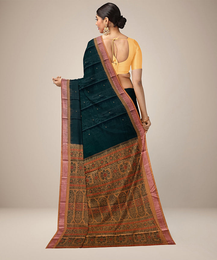 Dark green yellow cotton handwoven bomkai saree