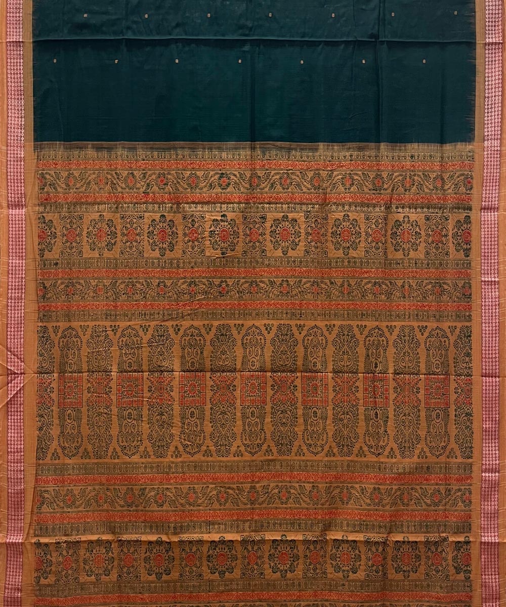 Dark green yellow cotton handwoven bomkai saree