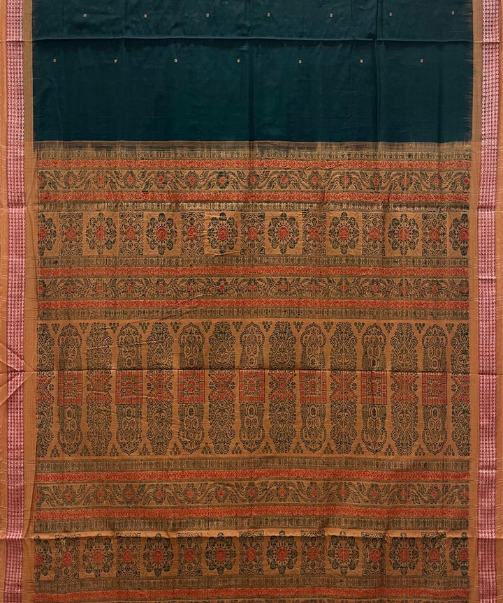 Dark green yellow cotton handwoven bomkai saree