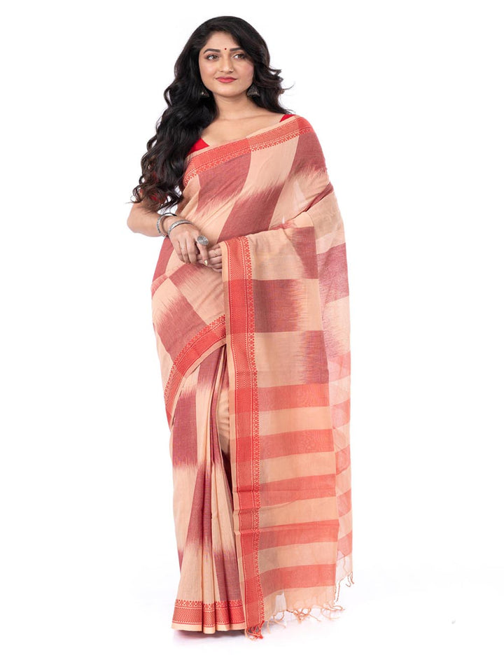 Brown offwhite checkered handwoven shantipuri cotton santipur saree