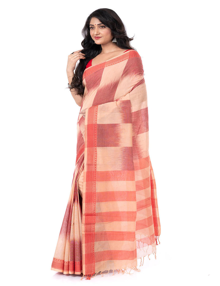 Brown offwhite checkered handwoven shantipuri cotton santipur saree