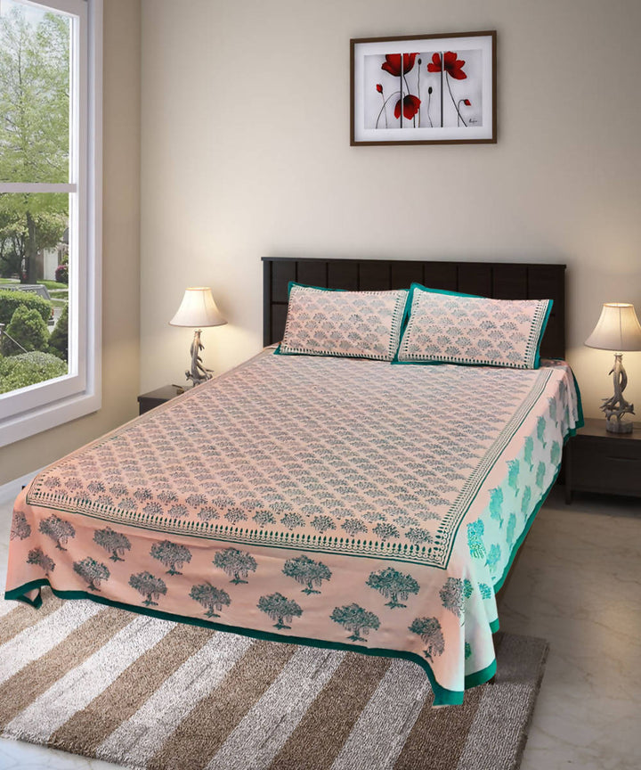 Banyan tree hand block printed cotton bed sheet with pillow cover