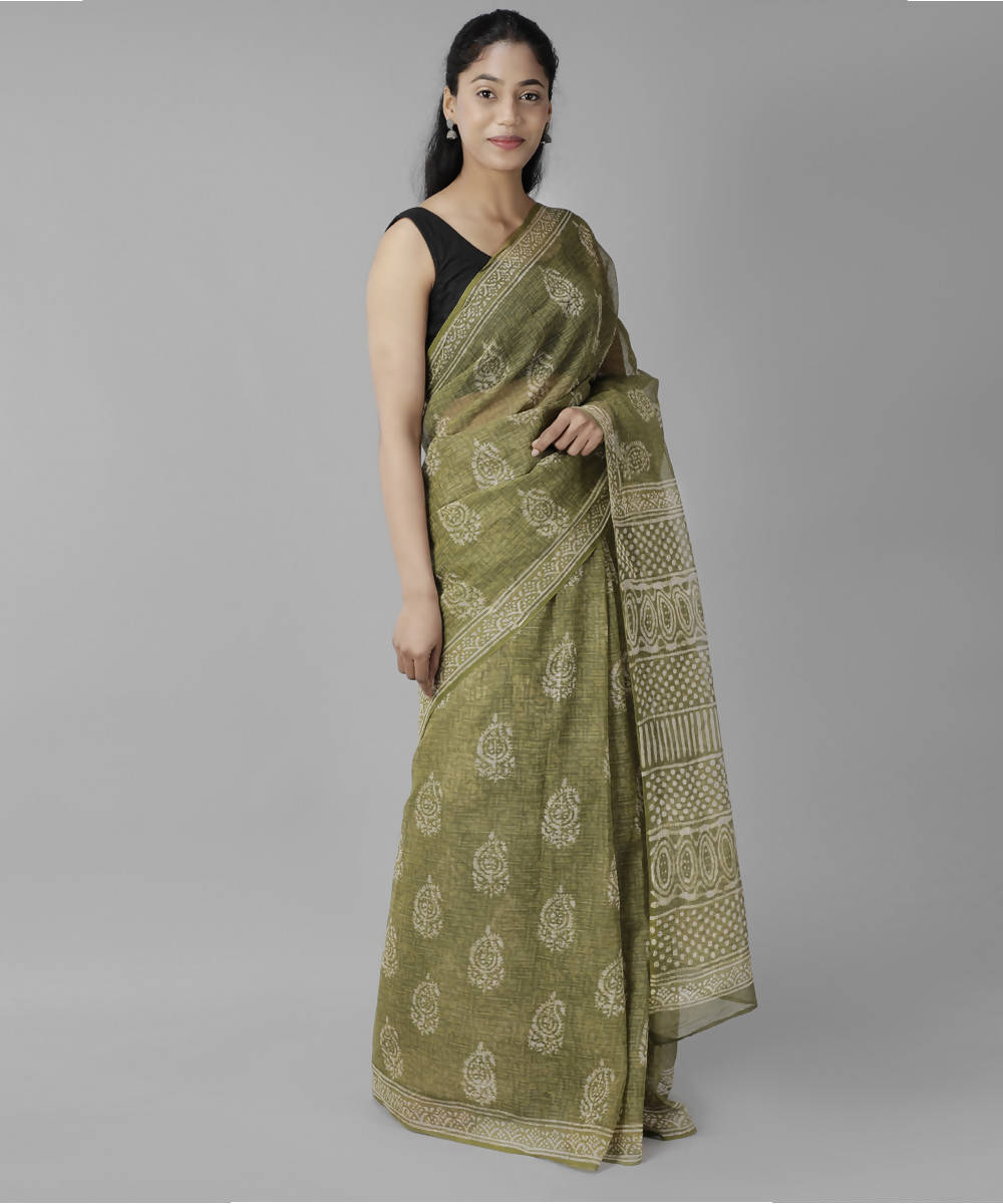 Olive green bagru handblock printed cotton saree
