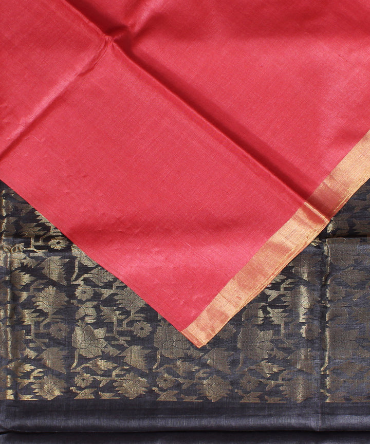Red black handwoven kosa tussar silk saree