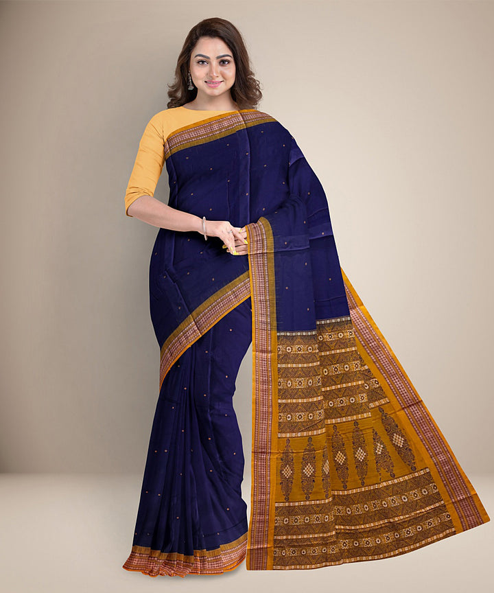 Navy blue yellow cotton handwoven bomkai saree