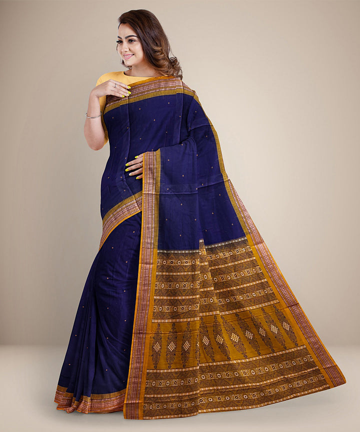 Navy blue yellow cotton handwoven bomkai saree