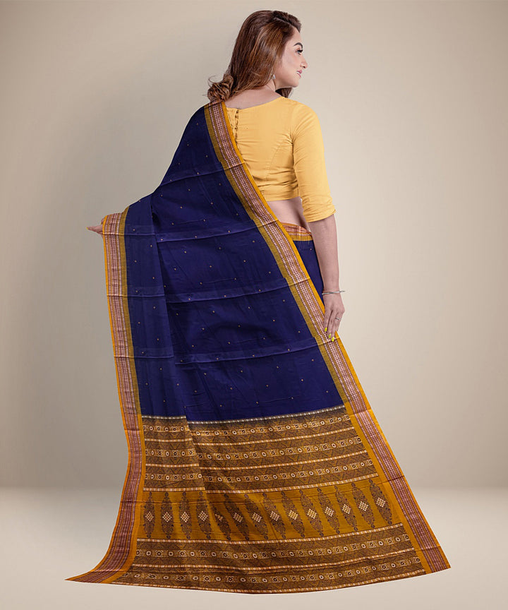 Navy blue yellow cotton handwoven bomkai saree