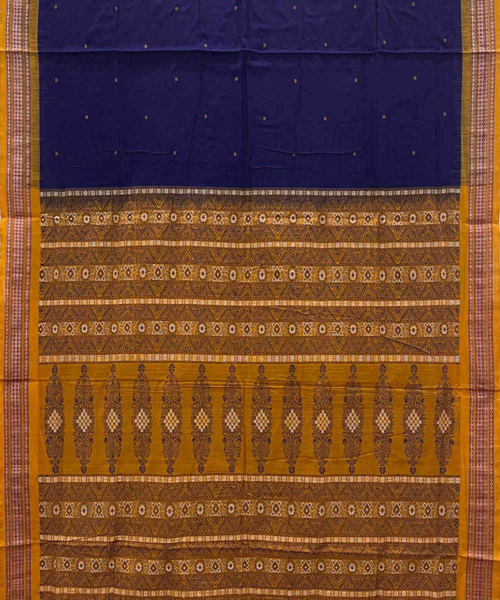 Navy blue yellow cotton handwoven bomkai saree