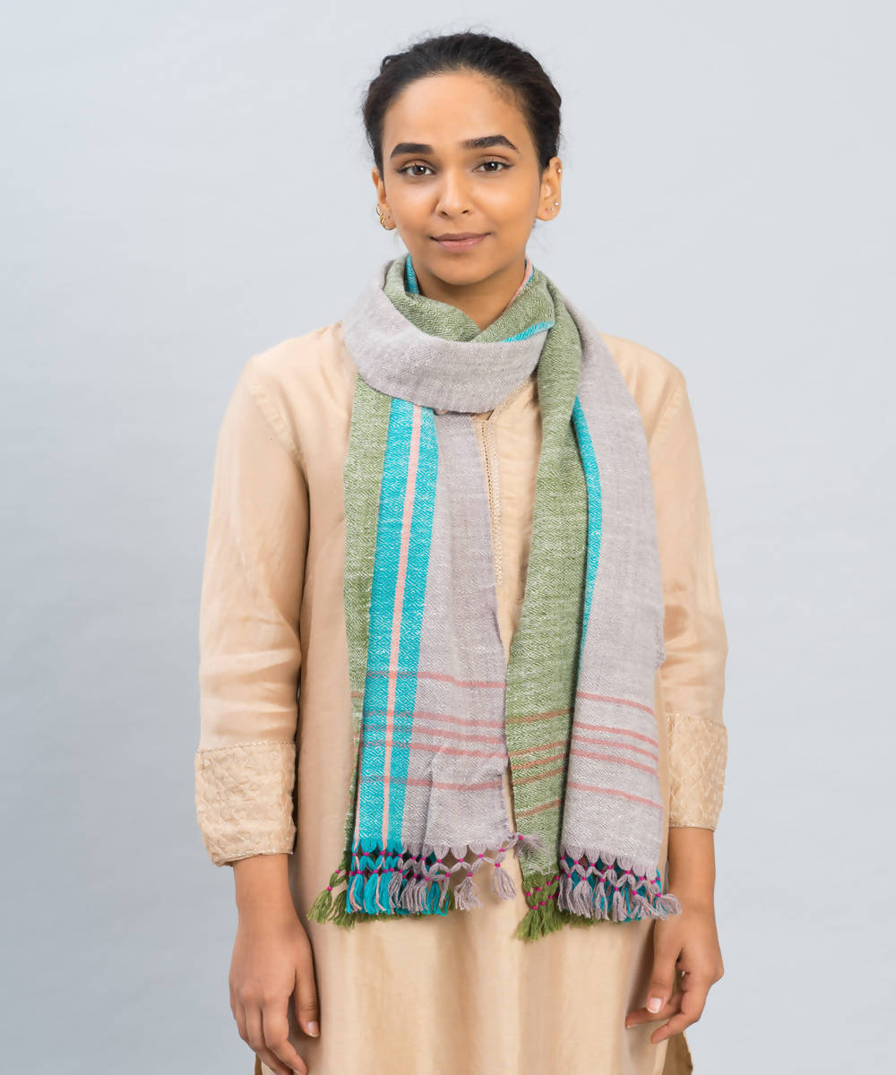 Lilac blue green handwoven panchachuli wool pashmina scarf