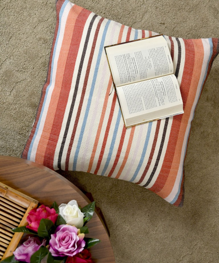 Multicolour handwoven stripes cotton cushion cover