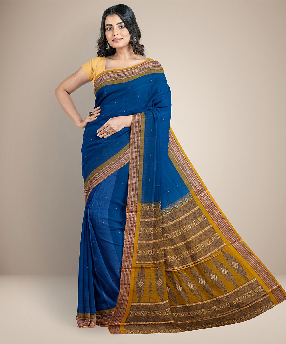 Sky blue yellow cotton handwoven bomkai saree