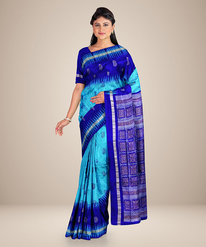 Cyan blue navy blue silk handwoven rudraksha border bomkai saree