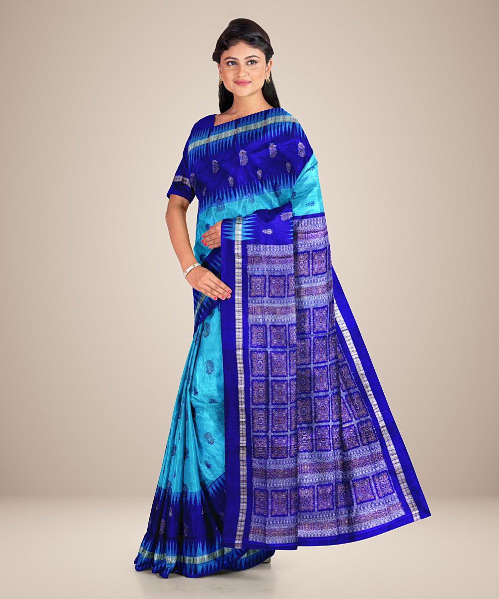 Cyan blue navy blue silk handwoven rudraksha border bomkai saree