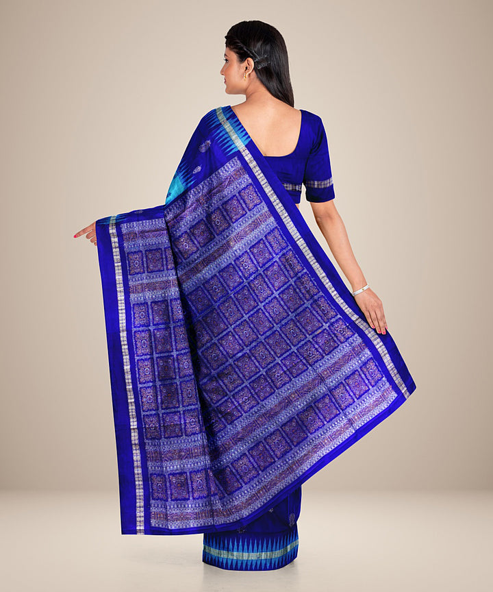 Cyan blue navy blue silk handwoven rudraksha border bomkai saree