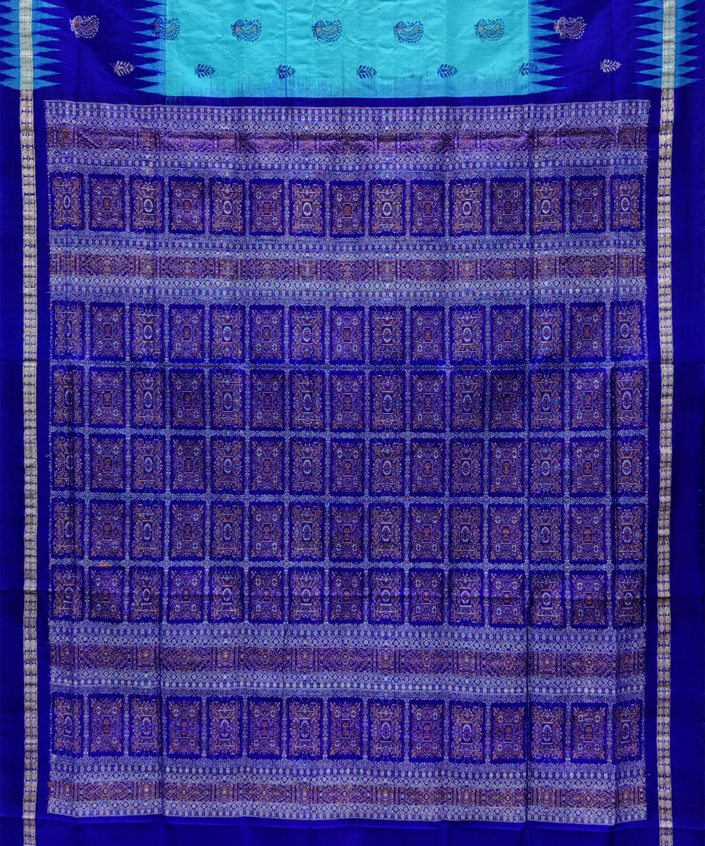 Cyan blue navy blue silk handwoven rudraksha border bomkai saree