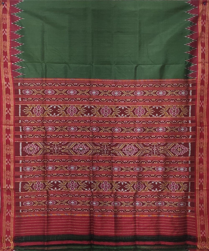 Olive green red handwoven kumbha border silk khandua saree