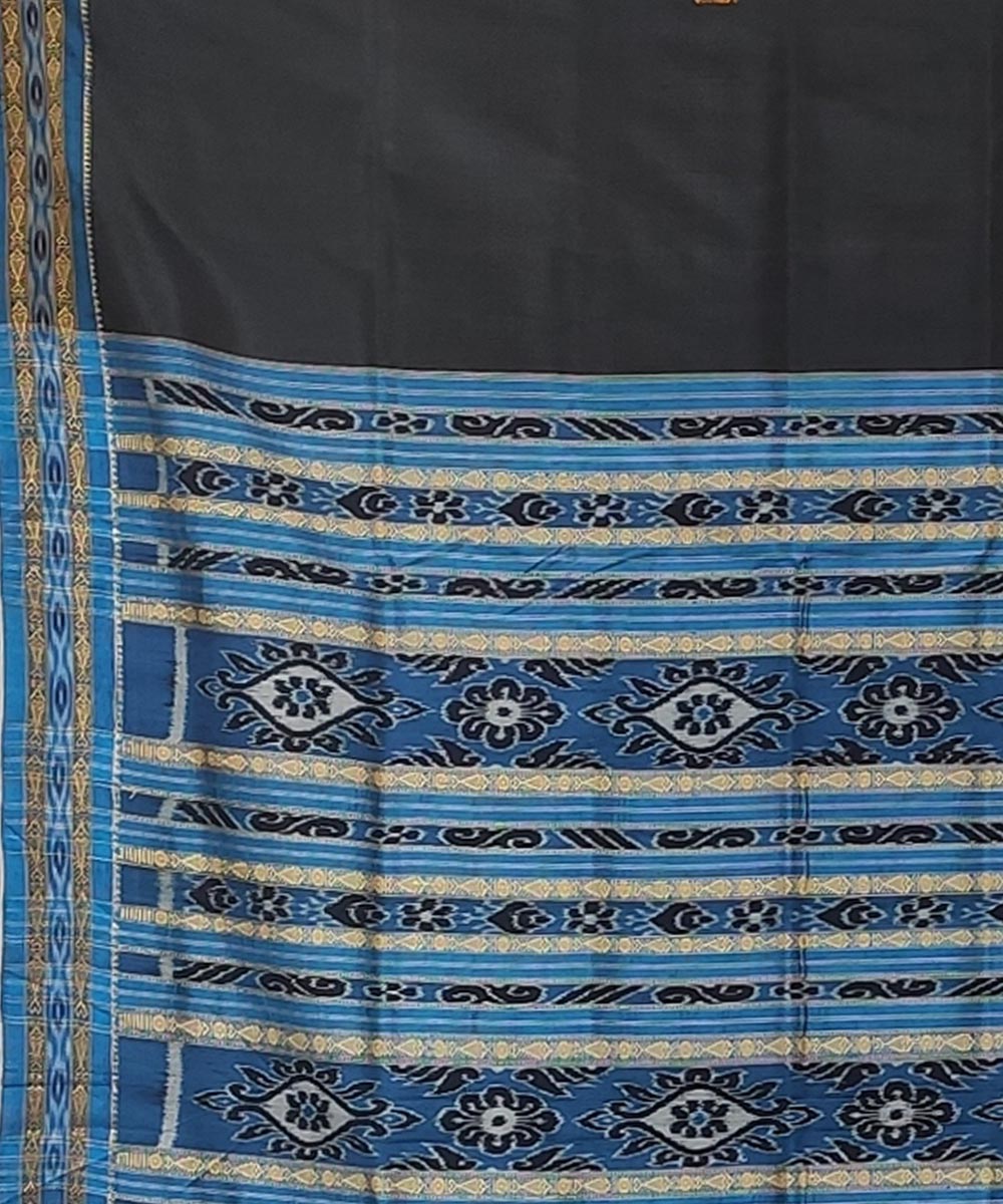 Black blue handwoven macha border butti silk khandua saree