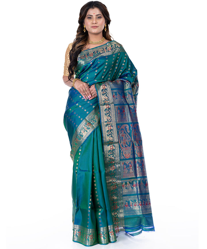 Dark cyan blue handwoven baluchari silk saree