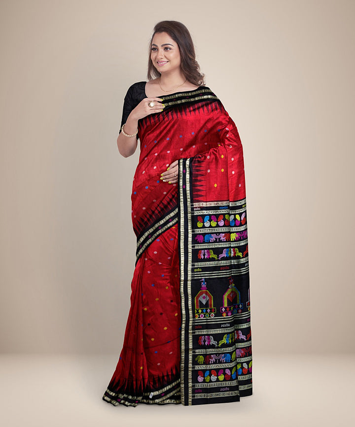 Red black silk handwoven bomkai dongoria saree