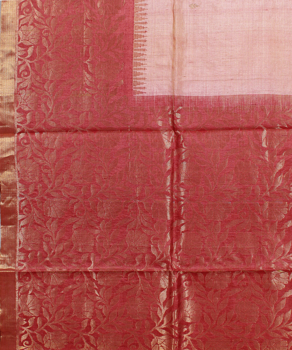 Peach red hand woven kosa tussar silk saree