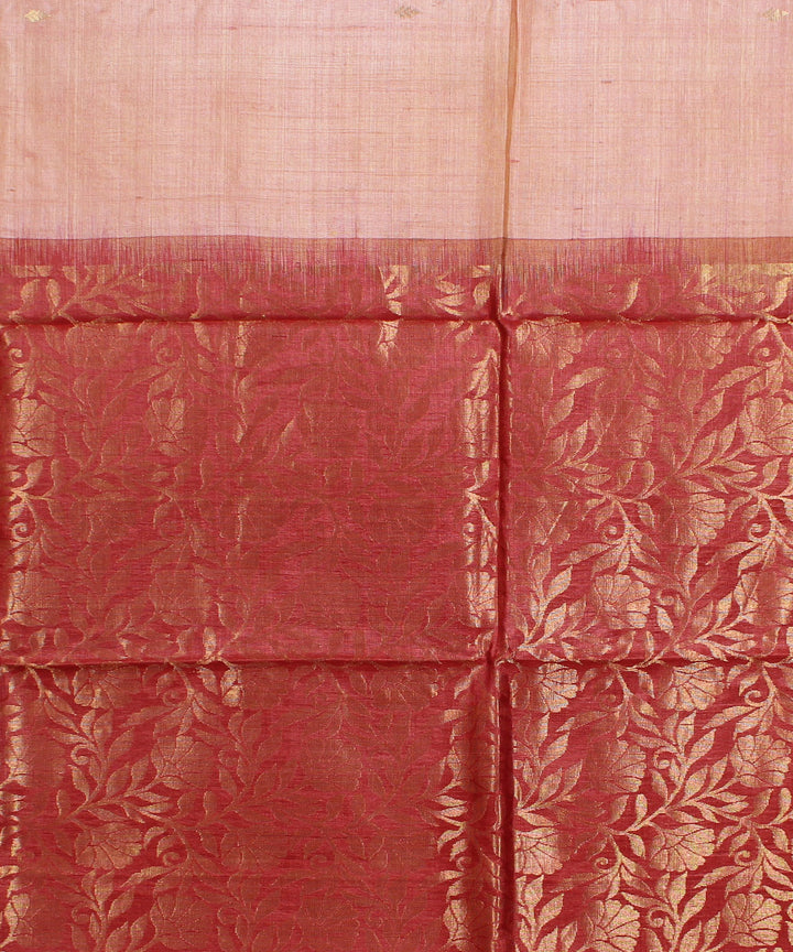 Peach red hand woven kosa tussar silk saree