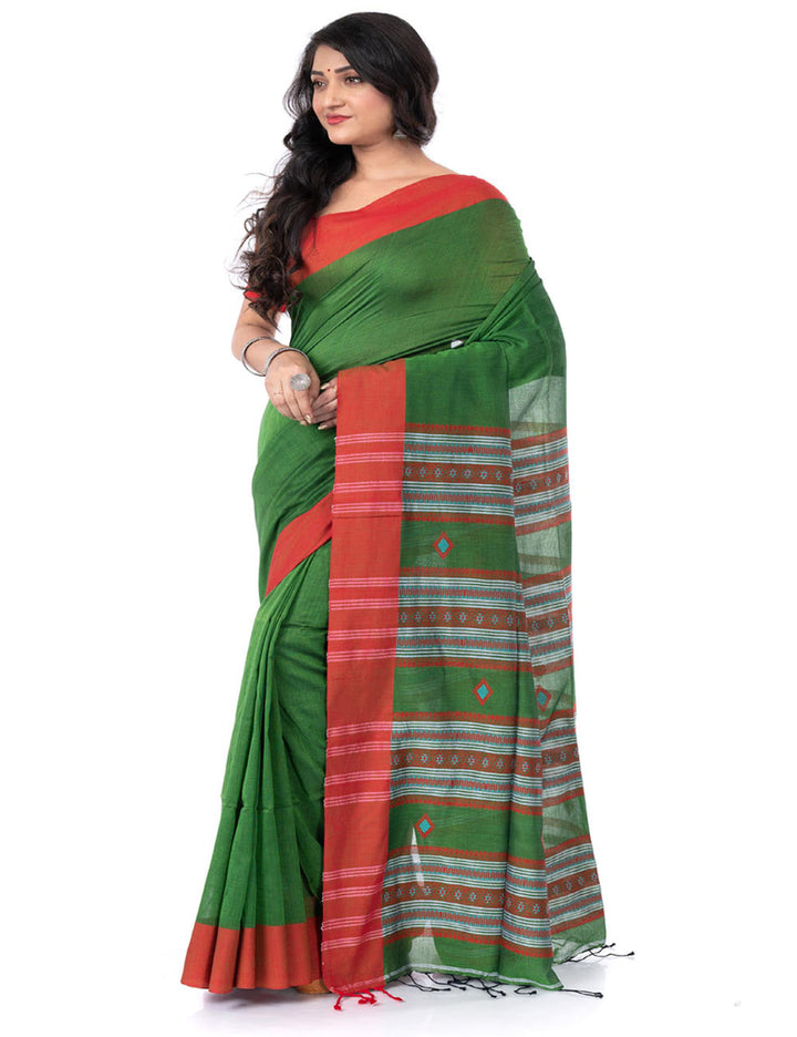 Olive green red handloom bengal cotton tangail saree