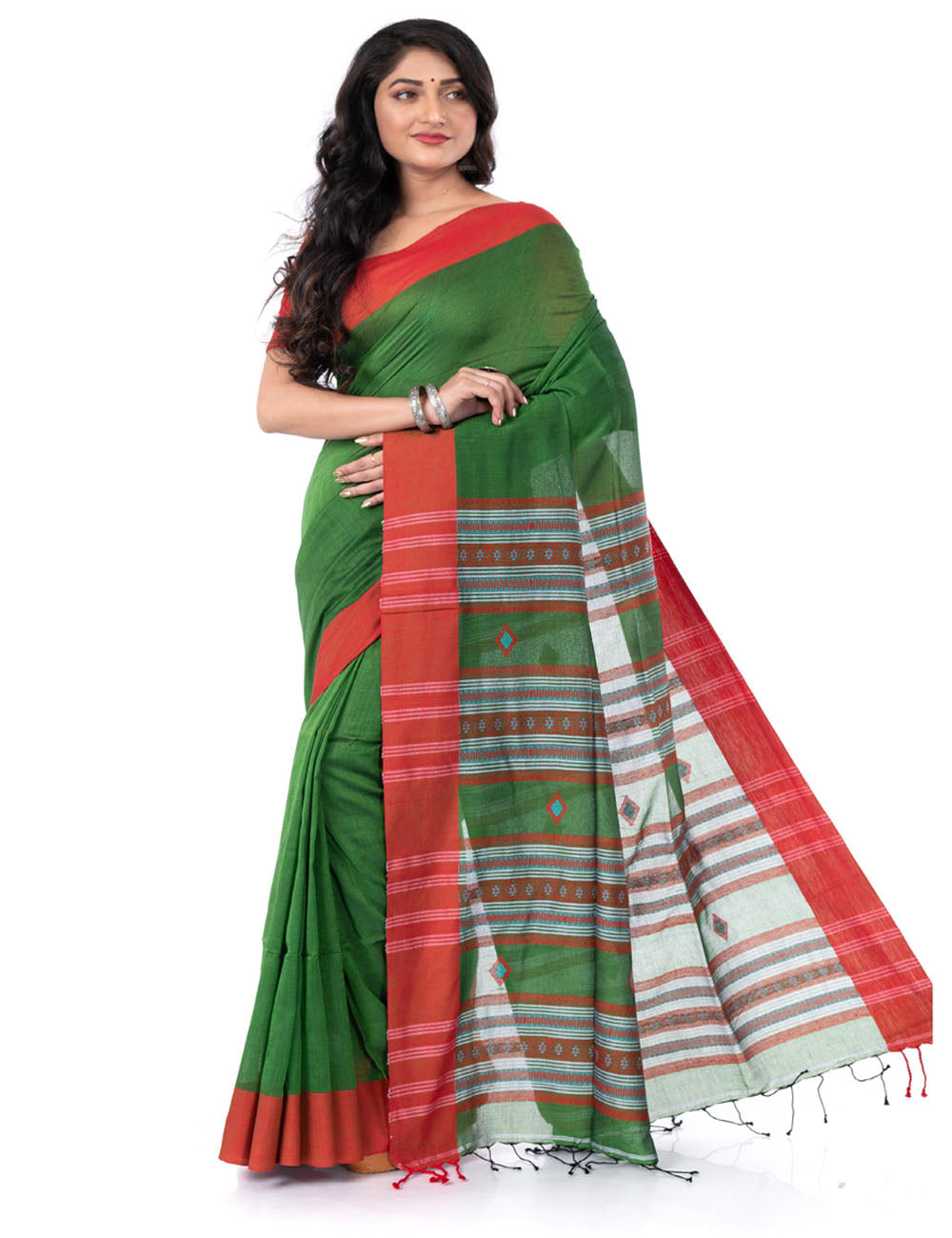 Olive green red handloom bengal cotton tangail saree