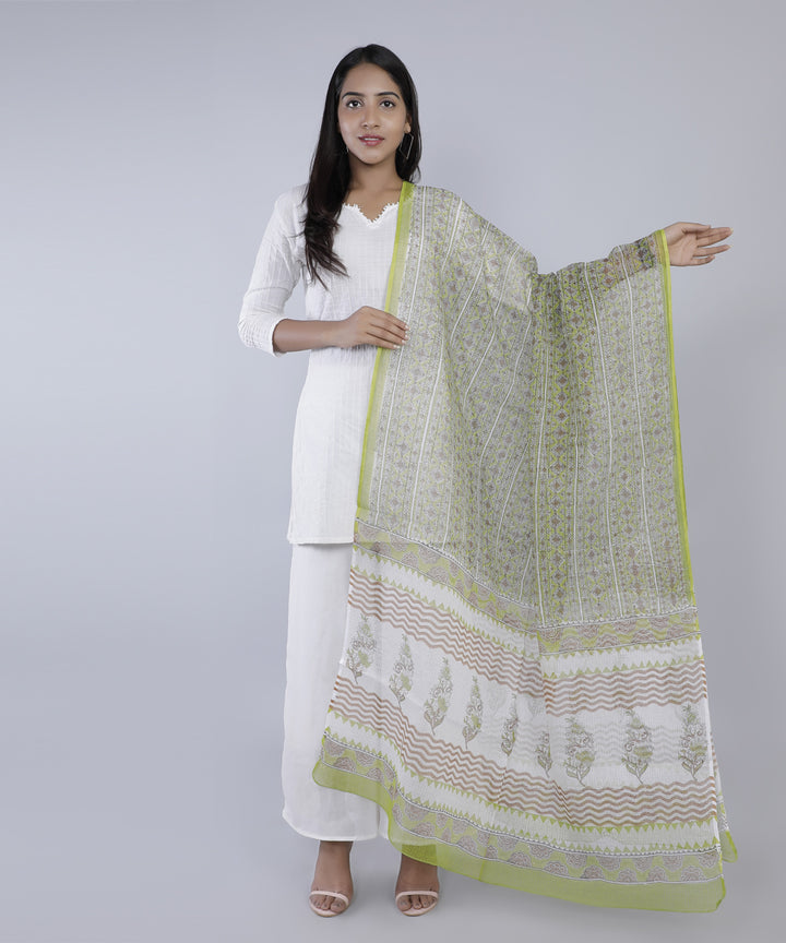 Cream green hand printed cotton kota doria dupatta