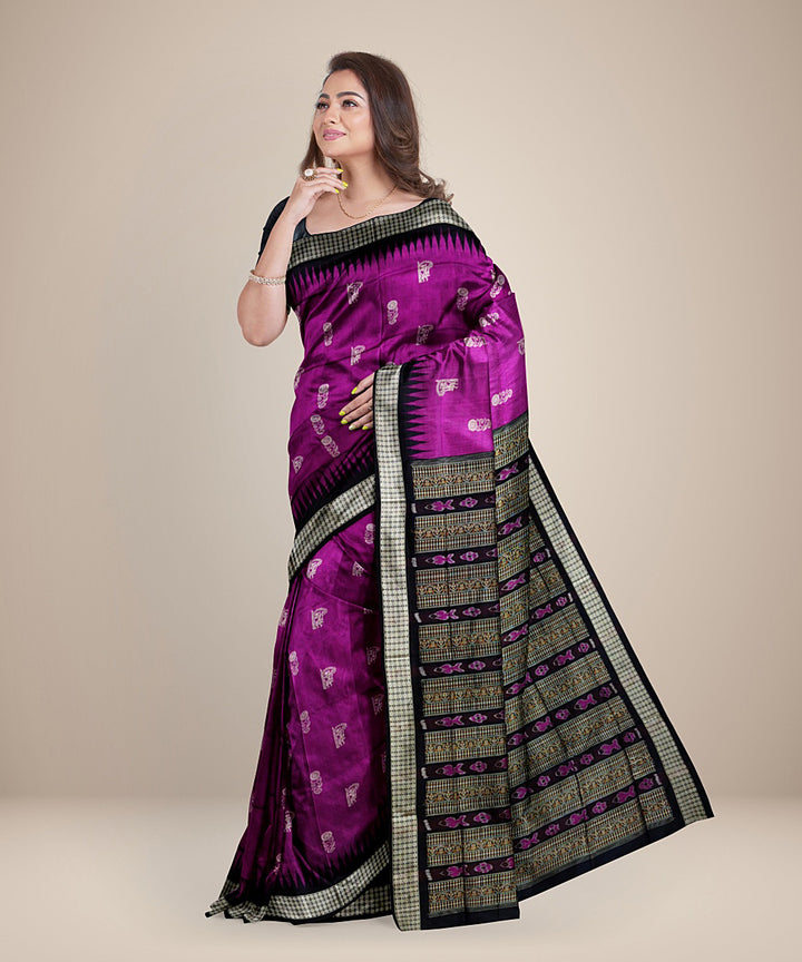 Pink black silk handwoven bandha anchal bomkai saree