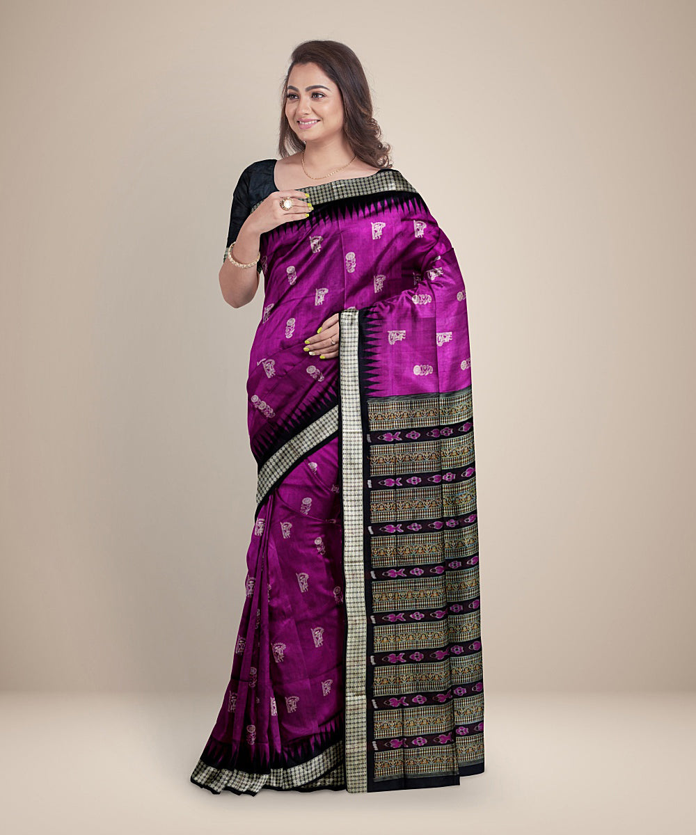 Pink black silk handwoven bandha anchal bomkai saree