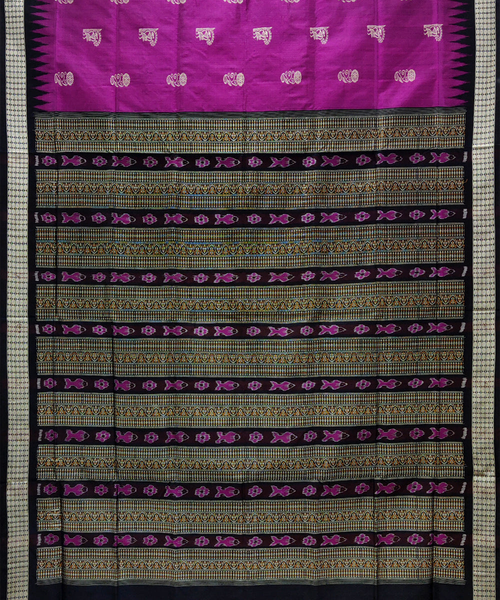 Pink black silk handwoven bandha anchal bomkai saree