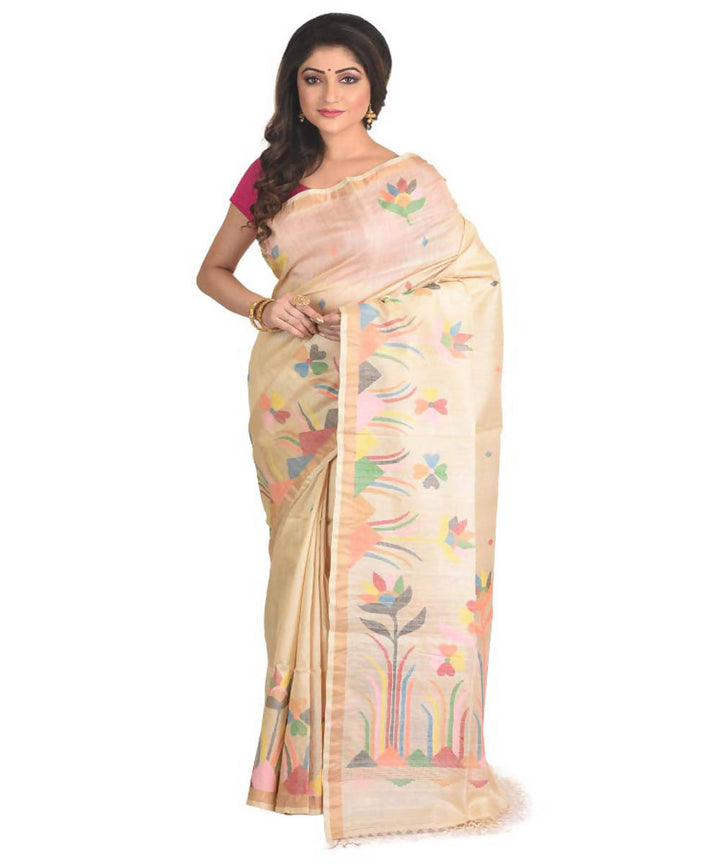 Resham shilpi bengal beige tasar saree with handwoven jamdani work