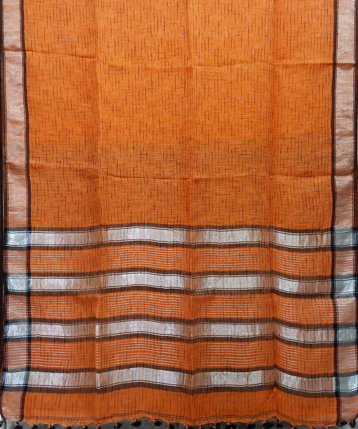 Orange Handloom Linen Bengal Saree