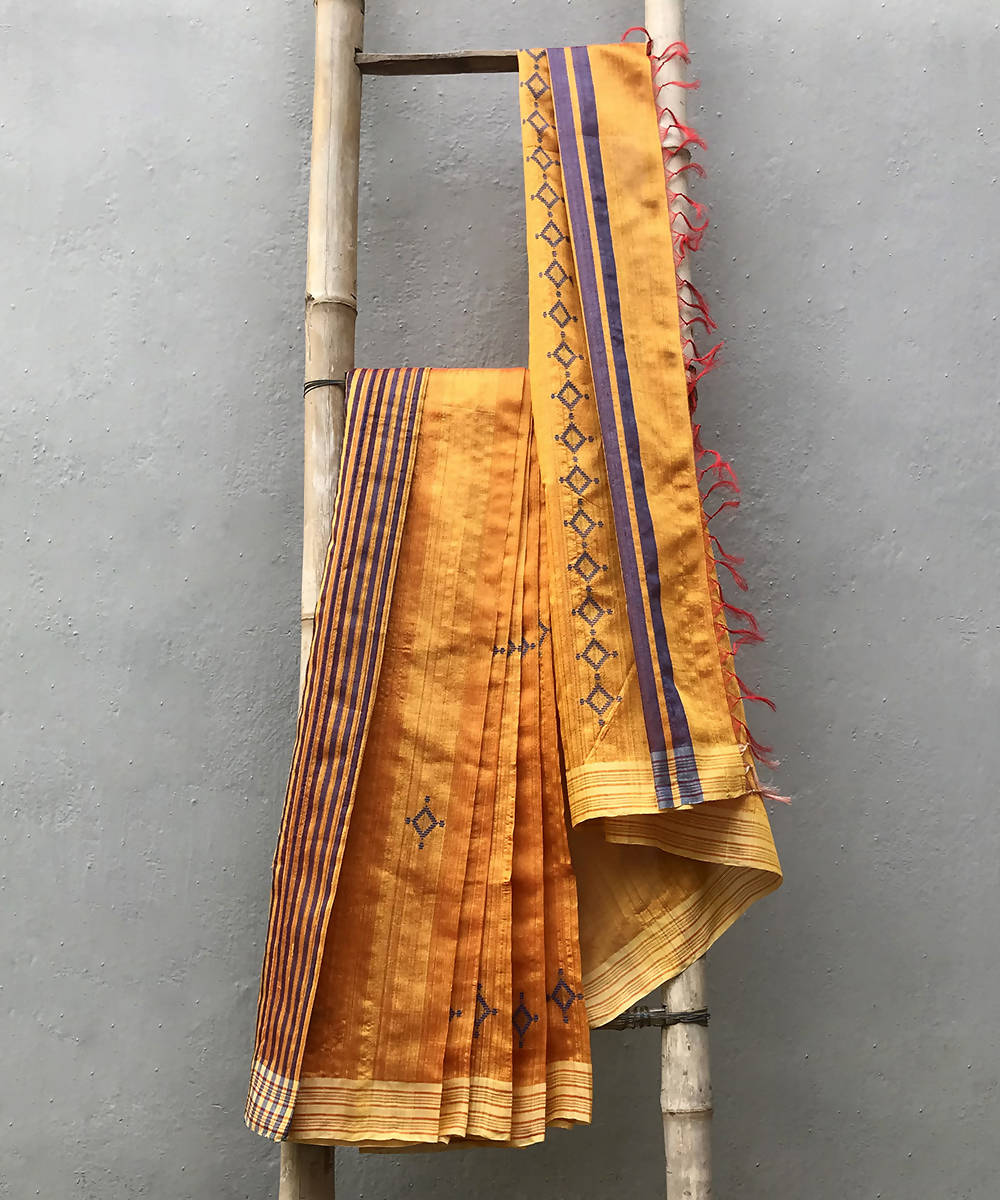 Yellow blue handwoven silk baavanbuti saree