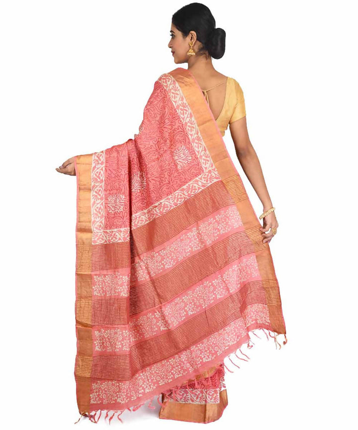 Peach hand block print handwoven mulberry and tussar silk saree