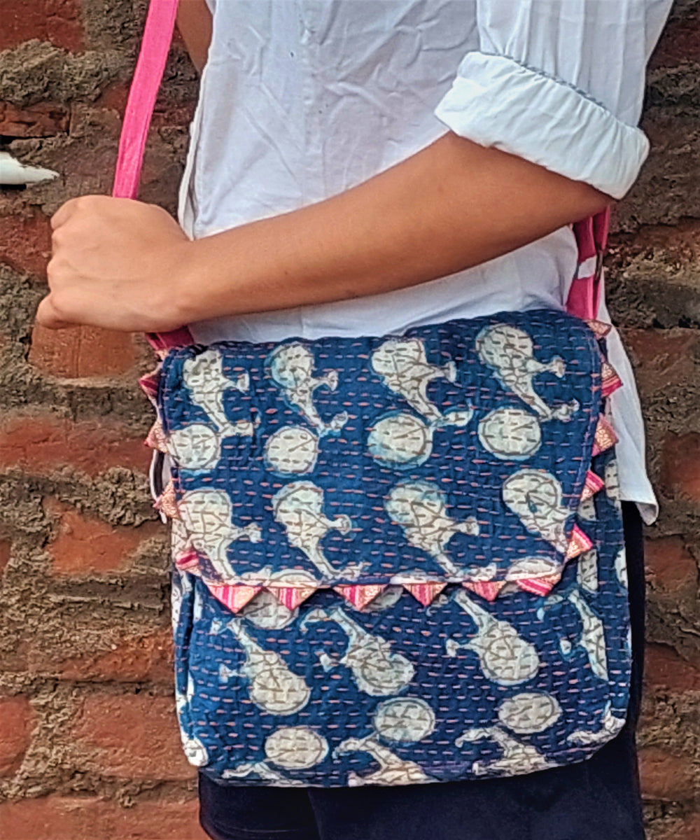 Blue handcrafted kantha work cotton sling bag
