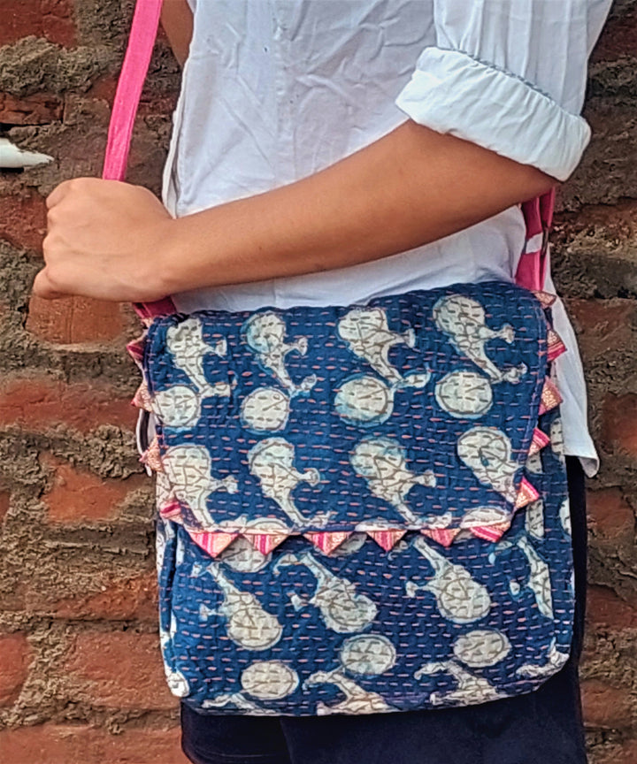 Blue handcrafted kantha work cotton sling bag