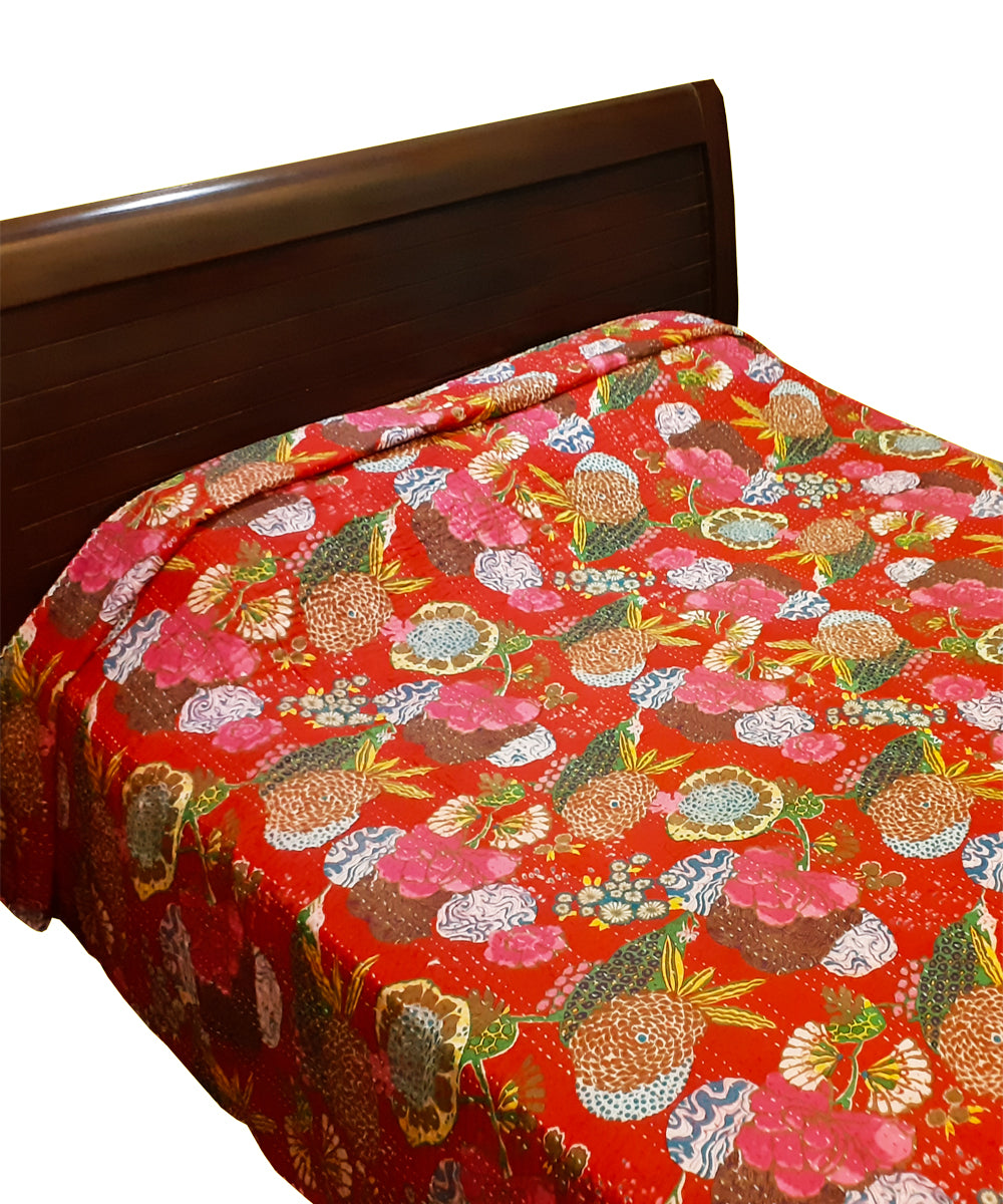 Magenta kantha work double layered cotton double bedcover/quilt